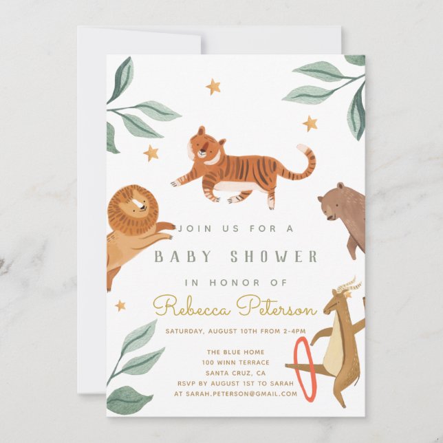 Invitación de Baby Shower de animalitos de acuarel (Anverso)