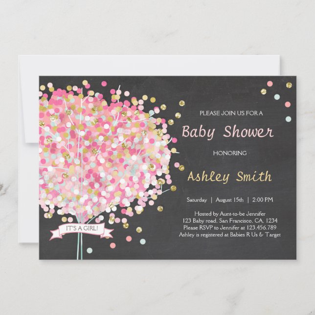 Invitación de Baby Shower de árbol de confetti oro (Anverso)