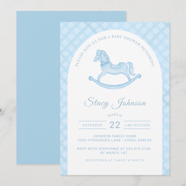 Invitación de Baby Shower de Arched Blue Rocking H (Anverso / Reverso)