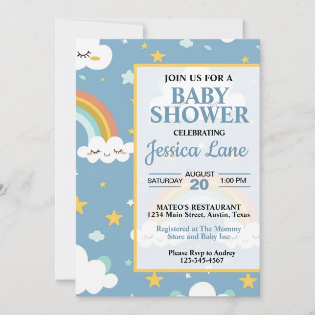 Invitación de baby shower de arcoíris lindo (Anverso)