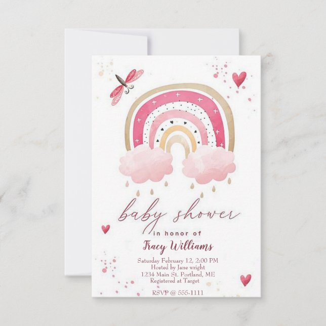 Invitación de baby shower de arcoíris rosa bonita (Anverso)