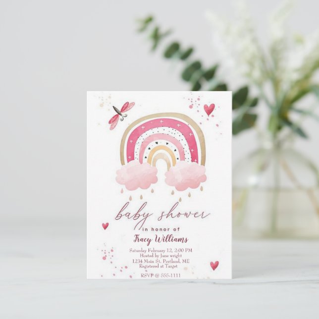 Invitación de baby shower de arcoíris rosa bonita (Anverso de pie)