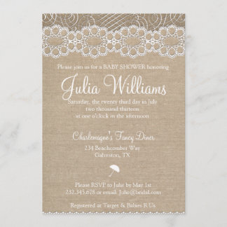 Invitación de Baby Shower de Arpillera Rústica y E
