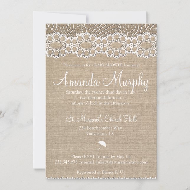 Invitación de Baby Shower de Arpillera y Encaje An (Anverso)