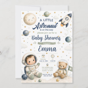 Invitación de baby shower de astronauta bebé acuar