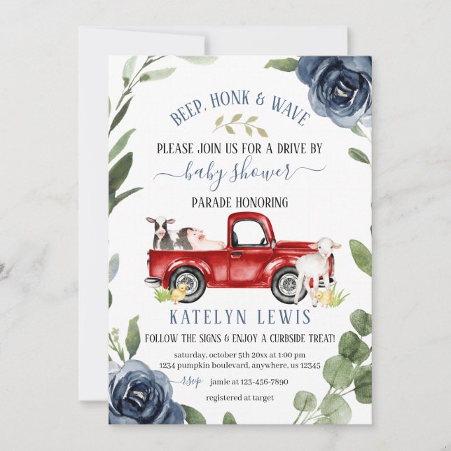 Invitación de Baby Shower de avanza por granja (Anverso)