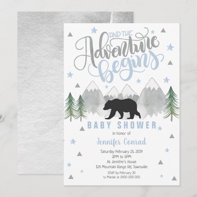 Invitación de Baby Shower de aventura, bebé de oso (Anverso / Reverso)