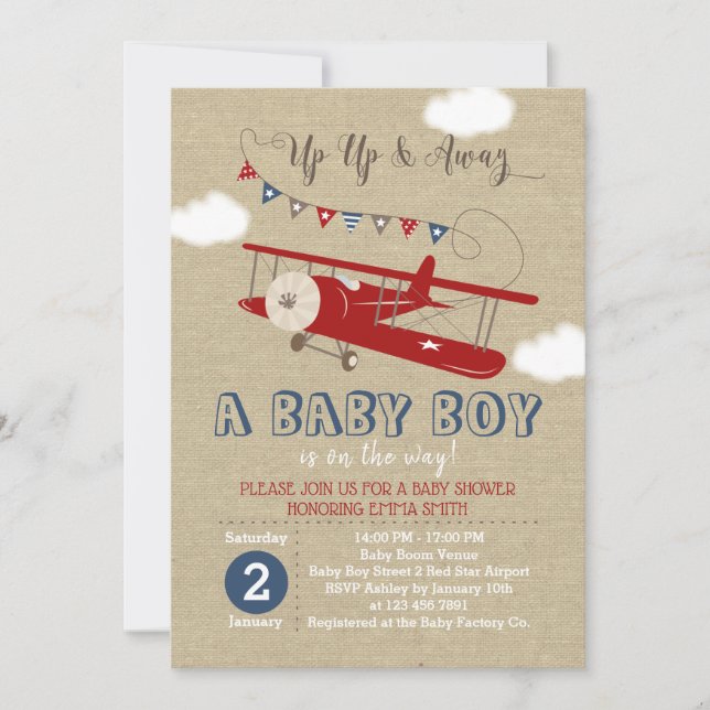 Invitación de Baby Shower de avión rojo vintage (Anverso)