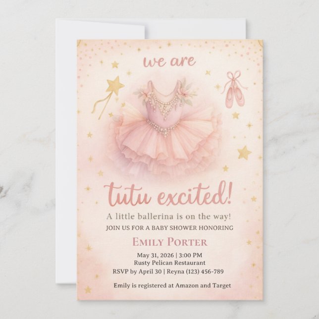 Invitación de baby shower de bailarina emocionada  (Anverso)