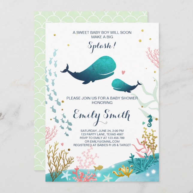 Invitación de Baby Shower de Ballena Océano Ahoy N (Anverso / Reverso)
