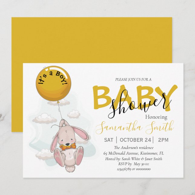 Invitación de Baby Shower de Balloon Rabbit Boy (Anverso / Reverso)
