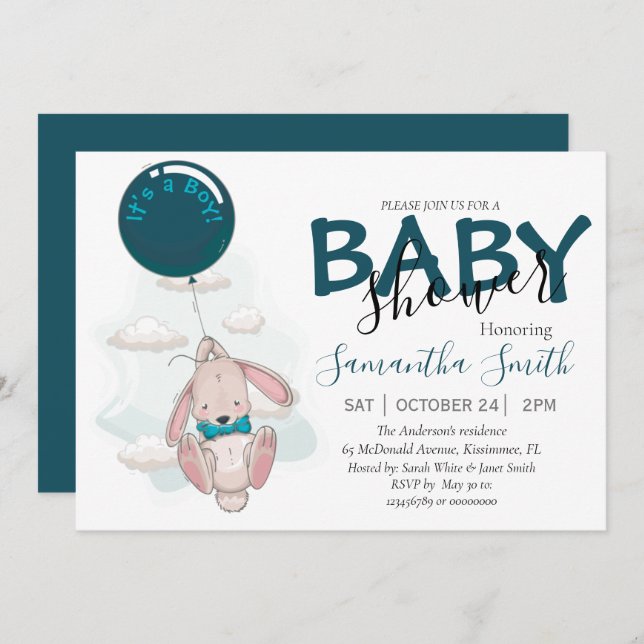Invitación de Baby Shower de Balloon Rabbit Boy (Anverso / Reverso)