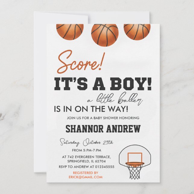 Invitación de Baby Shower de Baloncesto Editable ' (Anverso)