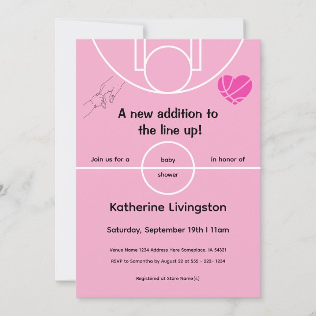 Invitación de baby shower de baloncesto rosa para  (Anverso)