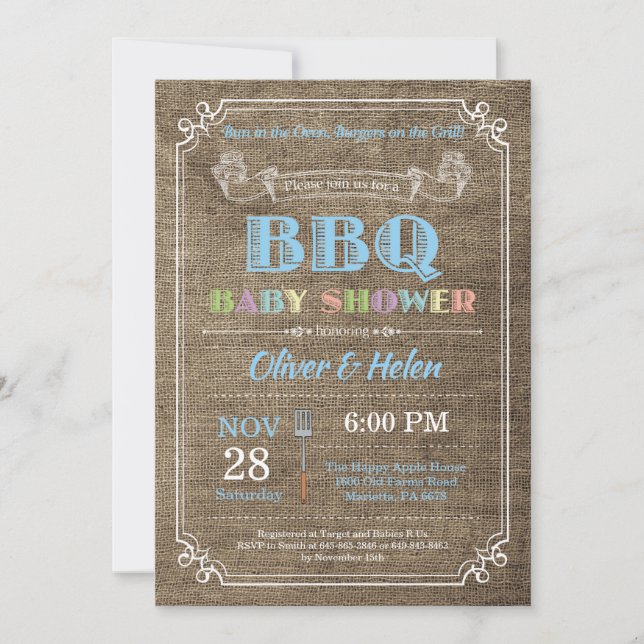 Invitación de Baby Shower de barbacoa Burlap Azul (Anverso)