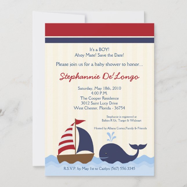 Invitación de baby shower de barco de ballenas náu (Anverso)