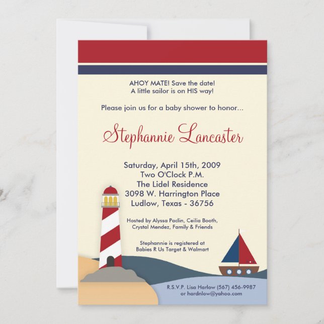 Invitación de Baby Shower de Barco de Vela Ahoy Ma (Anverso)