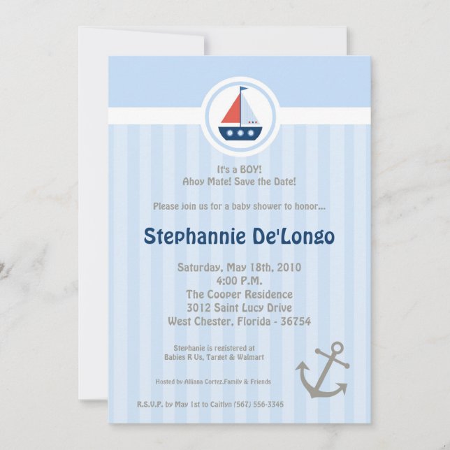 Invitación de baby shower de barco de vela náutico (Anverso)
