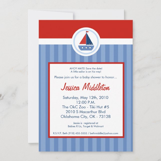 Invitación de Baby Shower de Barco de Vela Náutico (Anverso)