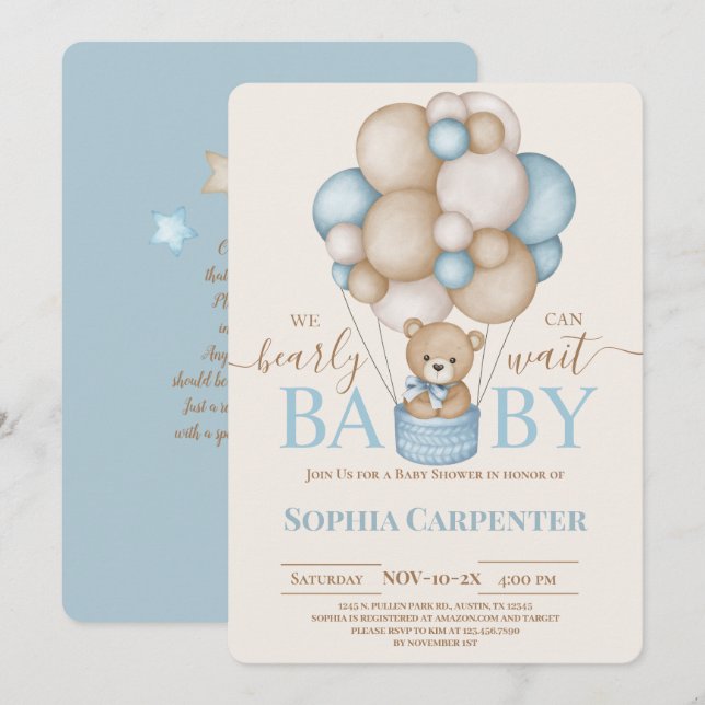 Invitación de Baby Shower de Bear Balloons Boy (Anverso / Reverso)