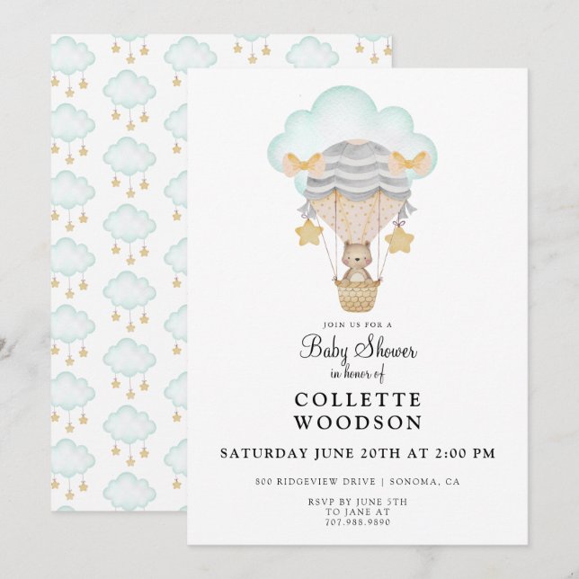 Invitación de Baby Shower de Bear Bear Air Hot Air (Anverso / Reverso)