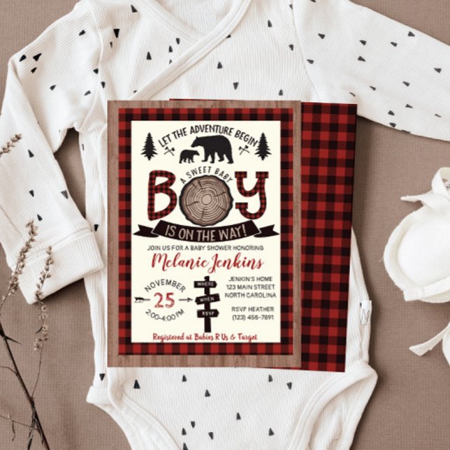 Invitación de Baby Shower de Bear Lumberjack Flann (Subido por el creador)