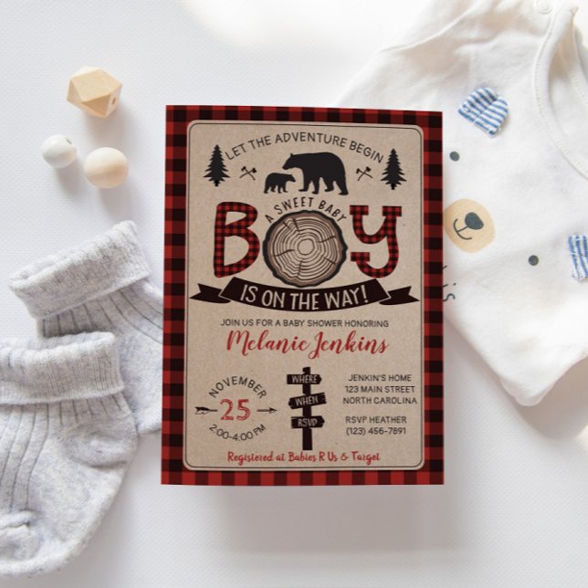 Invitación de Baby Shower de Bear Lumberjack Flann (Subido por el creador)