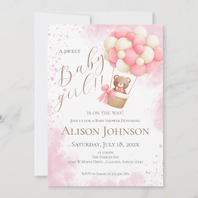 Invitación de Baby Shower de Bebé Niña con un Tedd (Anverso)