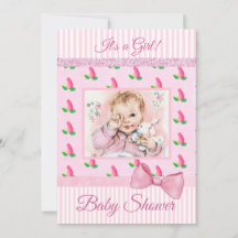 Invitación de baby shower de bebés rosados vintage