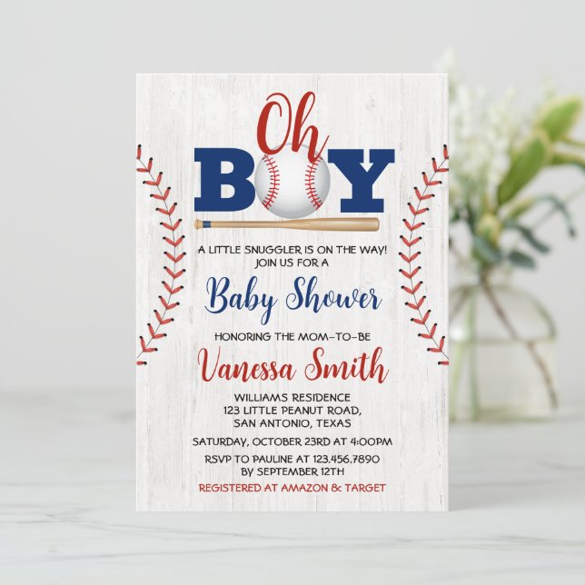 Invitación de Baby Shower de Béisbol (Anverso de pie)