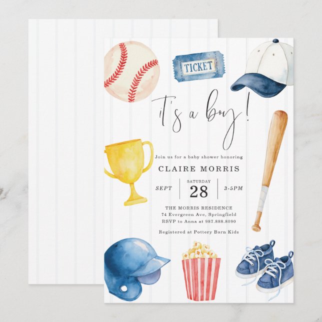 Invitación de Baby Shower de Béisbol (Anverso / Reverso)