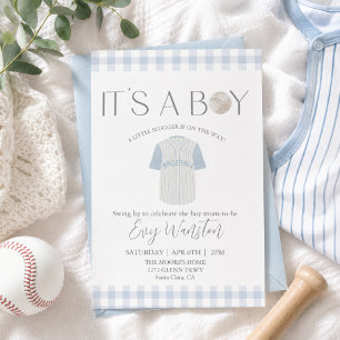 Invitación de baby shower de béisbol azul bebé Oh,