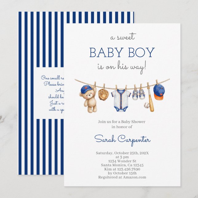 Invitación de baby shower de béisbol editable para (Anverso / Reverso)