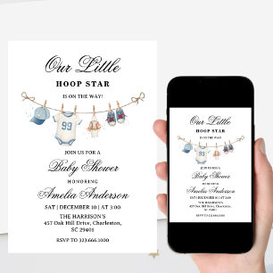 Invitación de baby shower de béisbol en tendedero