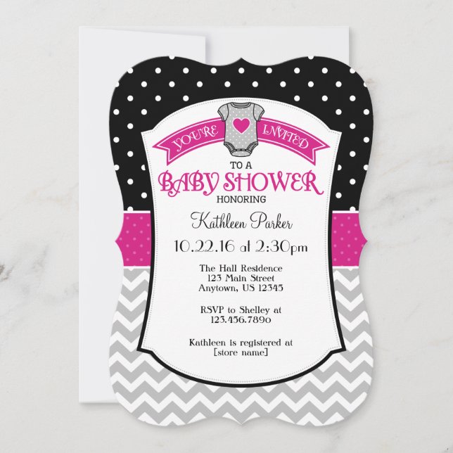 Invitación de Baby Shower de Black Hot Pink Polkad (Anverso)