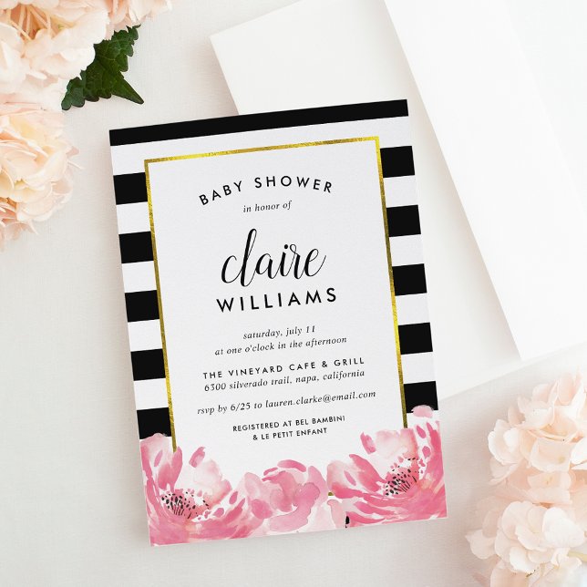Invitación de Baby Shower de Black Stripe & Pink P (Subido por el creador)