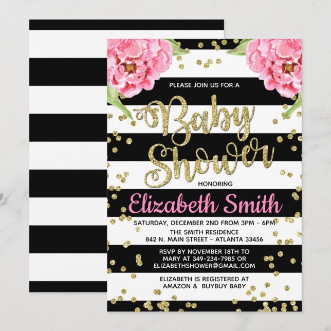 Invitación de Baby Shower de Black & White Peony (Anverso / Reverso)