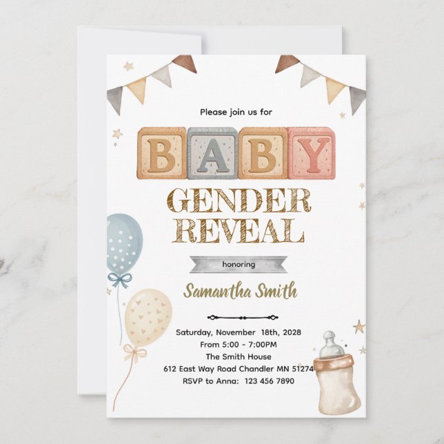 Invitación de baby shower de bloques para bebé neu (Anverso)