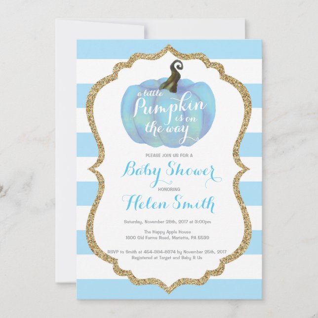 Invitación de Baby Shower de Blue and Gold Pumpkin (Anverso)