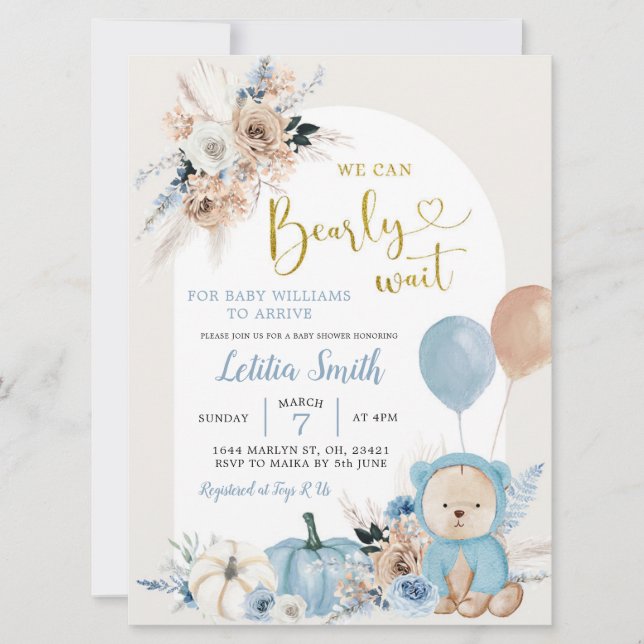 Invitación de Baby Shower de Blue Boho Bear Pumpki (Anverso)