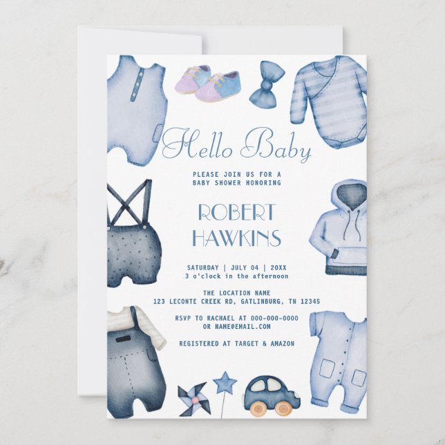 Invitación de Baby Shower de Blue Boho Clothes Boy (Anverso)