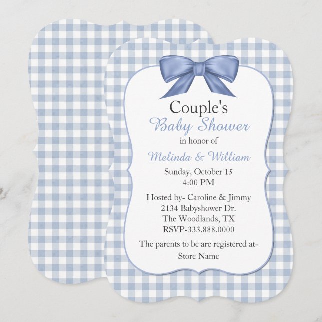 Invitación de Baby Shower de Blue Gingham Couple (Anverso / Reverso)