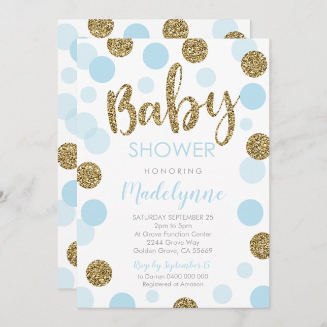 Invitación de Baby Shower de Blue Gold Confetti Ba (Anverso / Reverso)