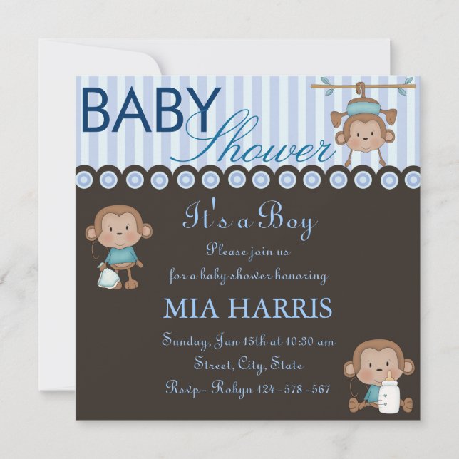 Invitación de Baby Shower de Blue Monkey Design (Anverso)