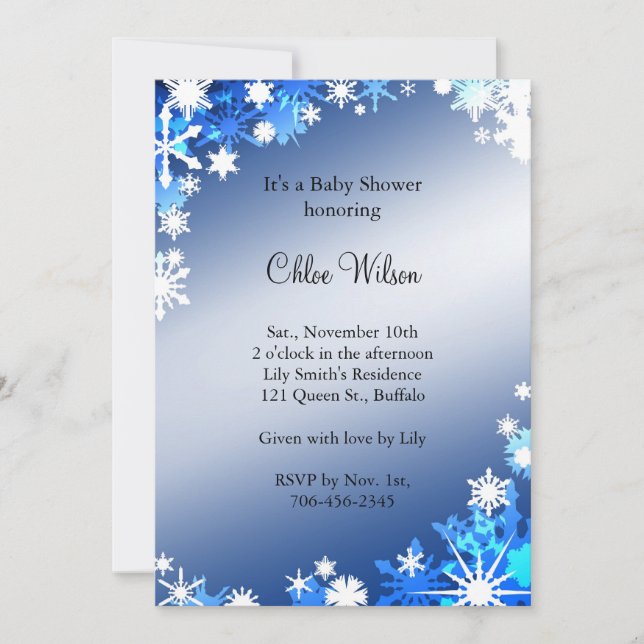 Invitación de Baby Shower de Blue Snowflakes (Anverso)