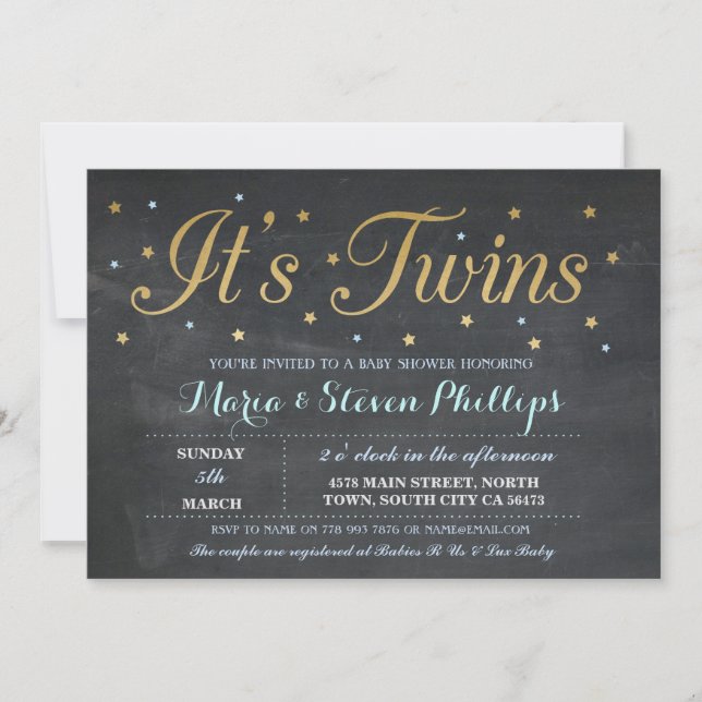 Invitación de Baby Shower de Blue Twins Boy Chalk  (Anverso)