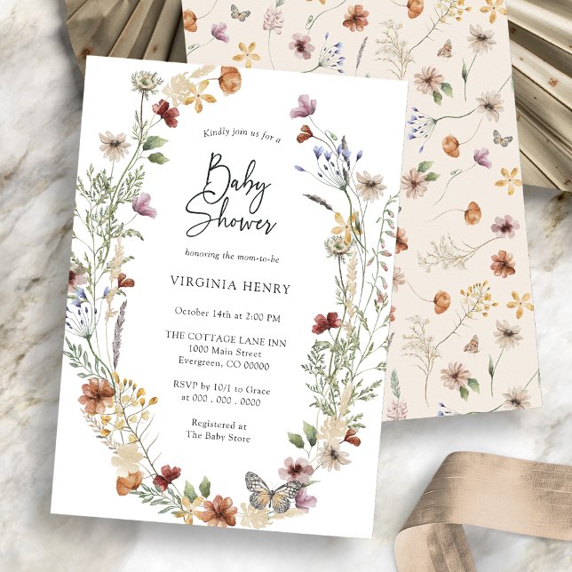 Invitación de Baby Shower de Bohemio con Flor Silv (Boho Wildflower Baby Shower Invitation White Front and Tan Back
)