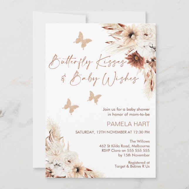 Invitación de Baby Shower de Boho Floral Butterly  (Anverso)