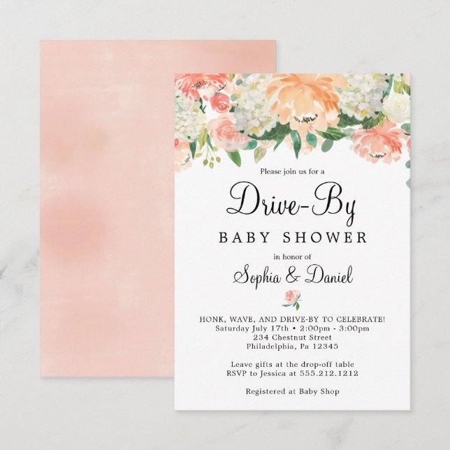 Invitación de Baby Shower de bonito Peach Floral D (Anverso / Reverso)