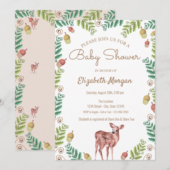 Invitación de Baby Shower de Bosque, Ciervo (Anverso / Reverso)